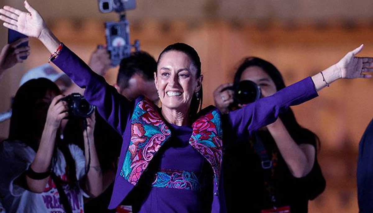 Claudia Sheinbaum gestures to supporters after being declared the winner of the presidential election in the Zocalo plaza in Mexico City, Mexico on June 3, 2024. — Reuters