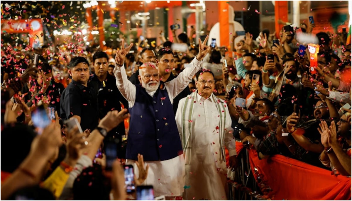 Indian PM Narendra Modi gestures at BJP headquarters in New Delhi, India on June 4, 2024. — Reuters