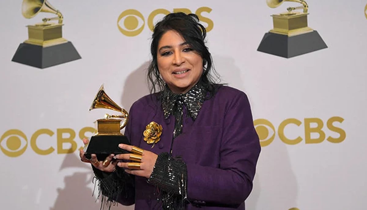 Arooj Aftab poses in the winners photo room during the 64th Annual Grammy Awards at MGM Grand Garden Arena on April 3, 2022 in Las Vegas, Nevada. — AFP