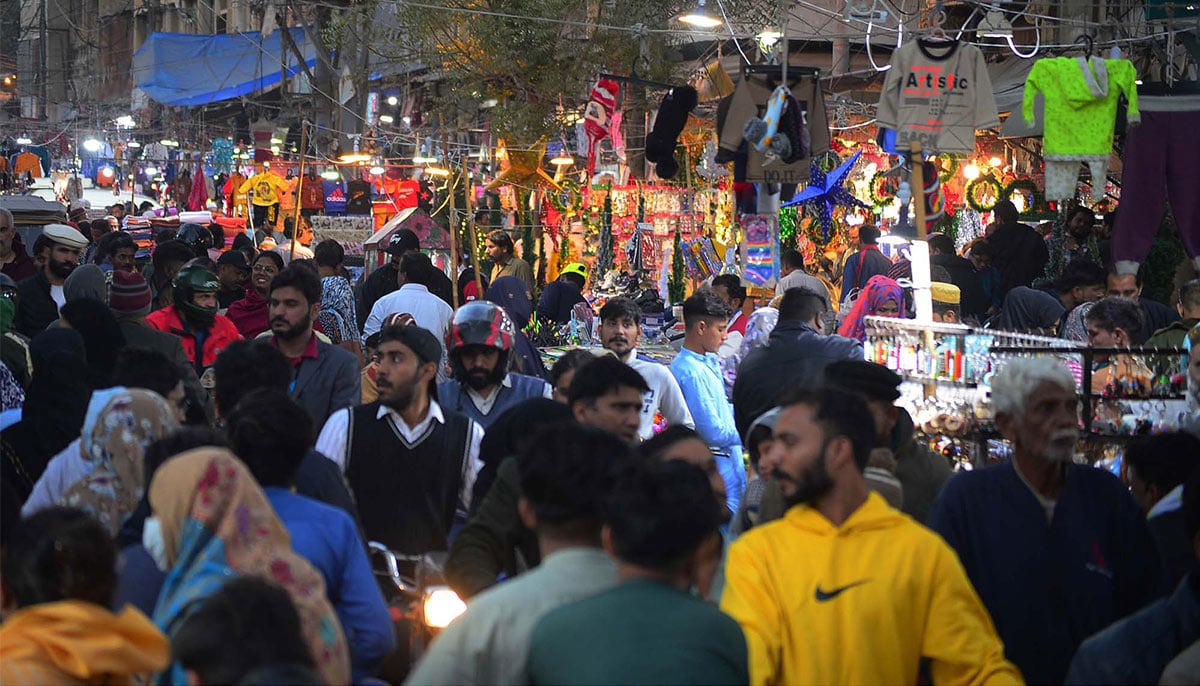 Christmas decorative items are being sold in connection with the Christmas celebrations in the city at Saddar Bohri Bazar in Karachi on Tuesday, December 24, 2024. — PPI