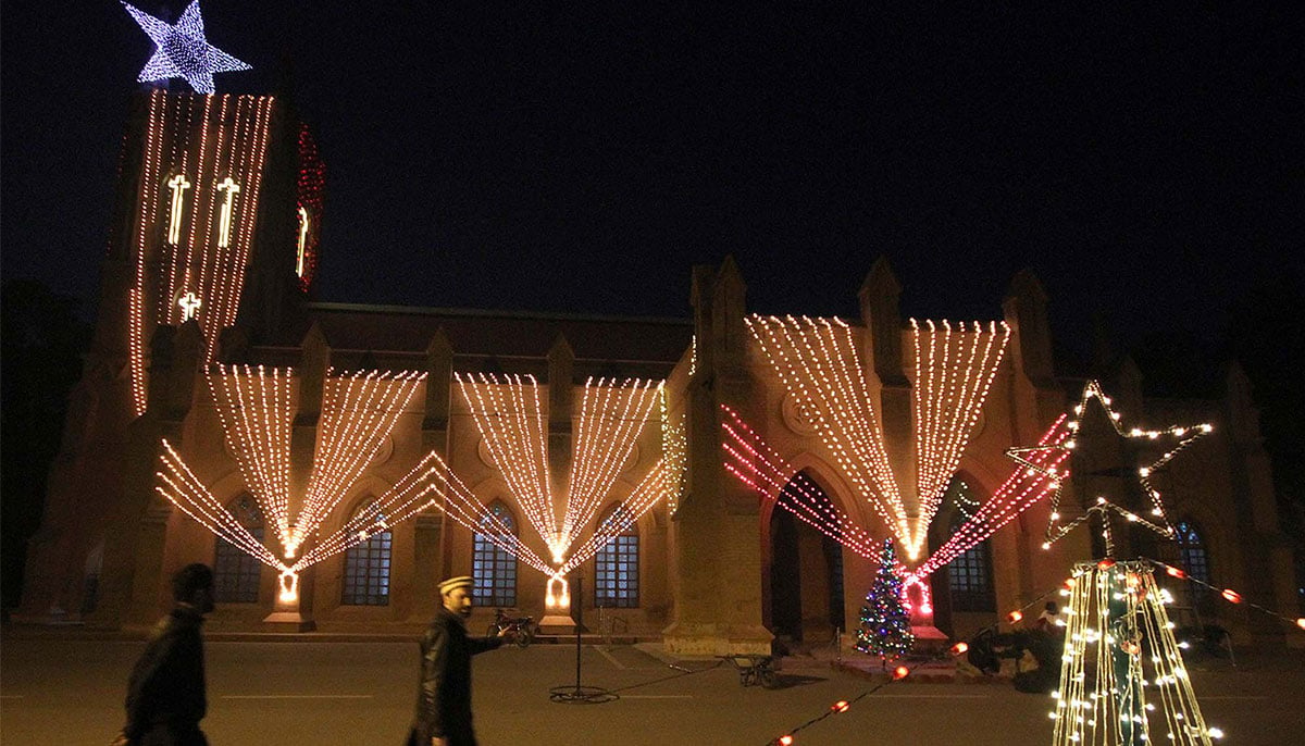 A beautiful illuminated view of St. Johns Cathedral Church in connection of Christmas Day Celebration coming ahead, in Peshawar December 24, 2024. — PPI