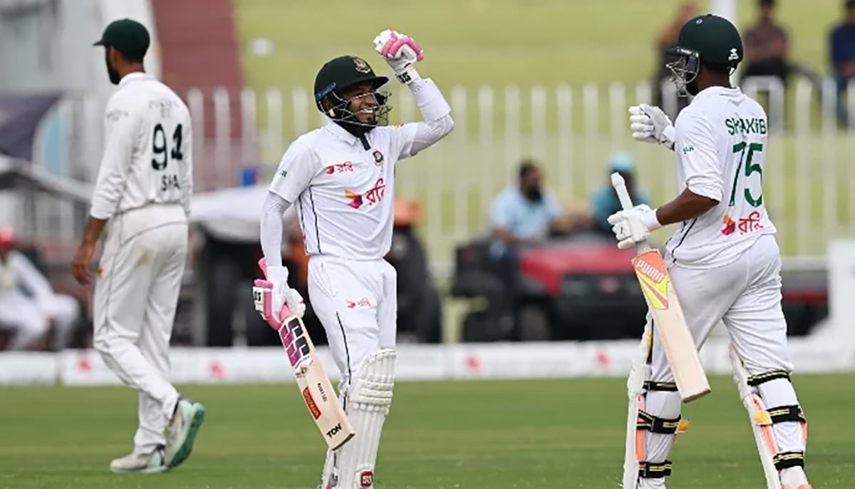 Bangladeshs Mushfiqur Rahim (L) and Shakib Al Hasan celebrate after winning the second Test match between Pakistan and Bangladesh, at Rawalpindi Cricket Stadium in Rawalpindi on September 3, 2024. — AFP