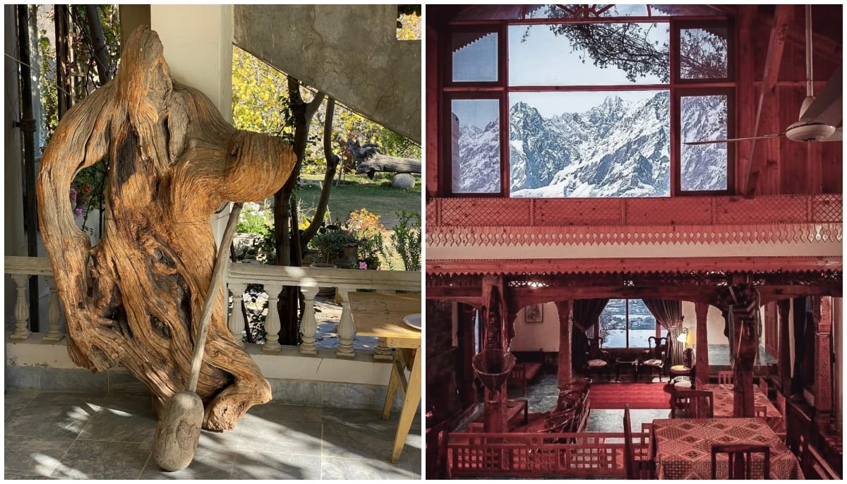 In this combo, a sculpture (left) and the dinning hall can be seen, with a view of Hindu Kush Mountains. — Reporter