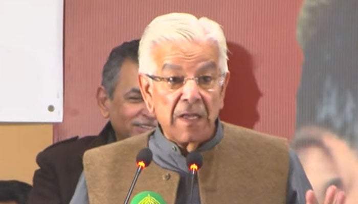 Defence Minister Khawaja Asif addressing a ceremony in Lahore on Saturday, December 28, 2024. — YouTube screengrab/Geo News Live