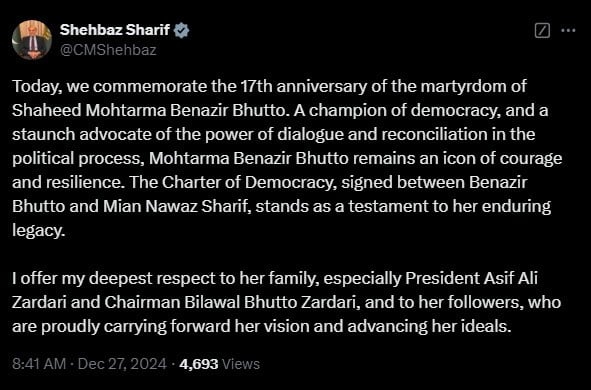 Screengrab of a post by PM Shehbaz Sharif on X.