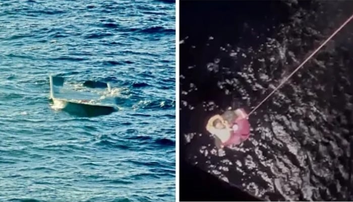 A capsized migrant boat (left) can be seen off the island of Gavdos, while Greek Navy (right) conducts a rescue operation after a migrant boat capsized off the island of Gavdos, Greece, on December 14, 2024. — Reuters