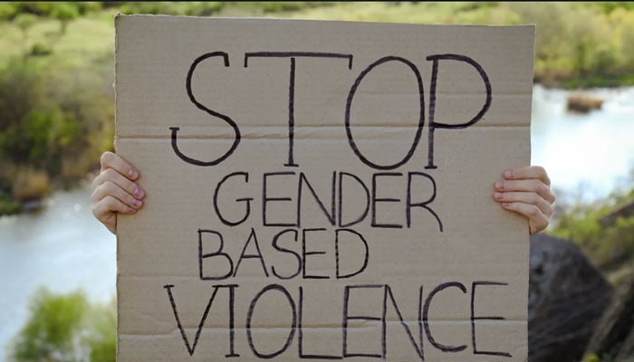 A representational image of a woman holding a placard that reads Stop Gender Based Violence. — Canva