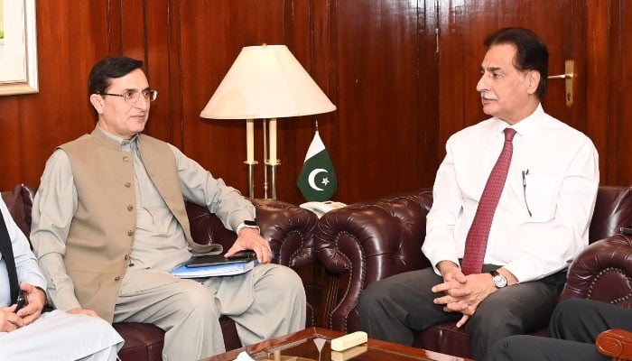 PTI Chairman Barrister Gohar Ali Khan and NA Speaker Ayaz Sadiq pictured during a meeting in this undated image. — X@NAofPakistan