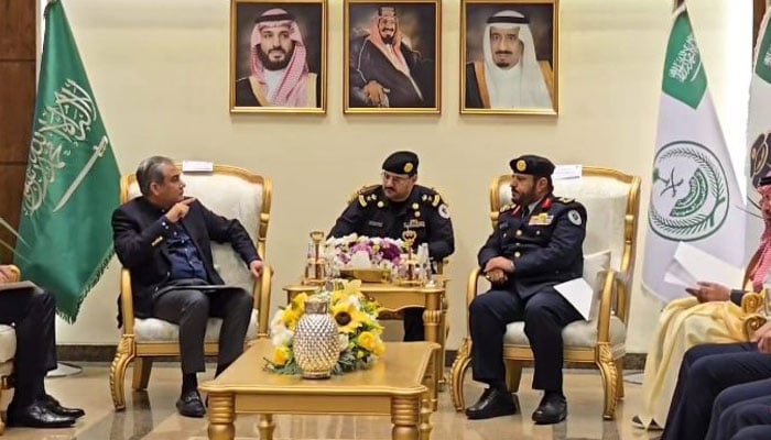 Interior Minister Mohsin Naqvi (left) meets King Fahd Security College Director General Major General Dr Ali Al-Daij on December 18, 2024. — APP