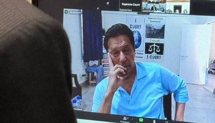 An image released by Pakistan Tehreek-e-Insaf (PTI) shows former prime minister Imran Khan during his appearance via video-link before the Supreme Court on May 16, 2024. — PTI