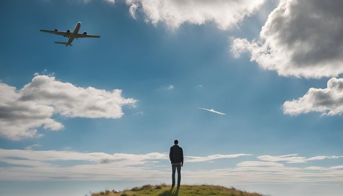 A man looking at a plane flying in the air. — Canva AI