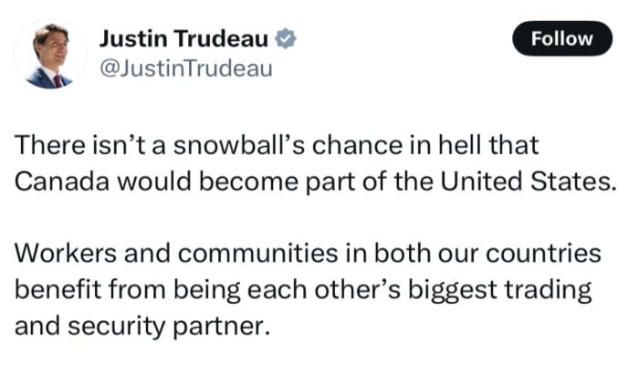 Canadian Prime Minister Justin Trudeaus post on social media platform X, January 8, 2025. — X/@JustinTrudeau