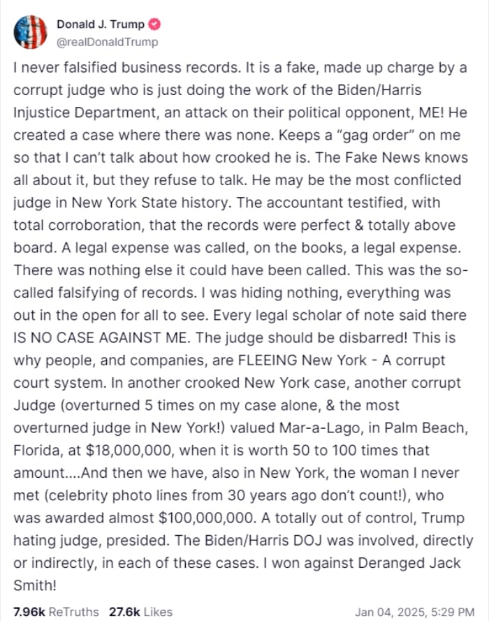 Screebgrab of a post on Truth Social — Truth Social@realDonaldTrump